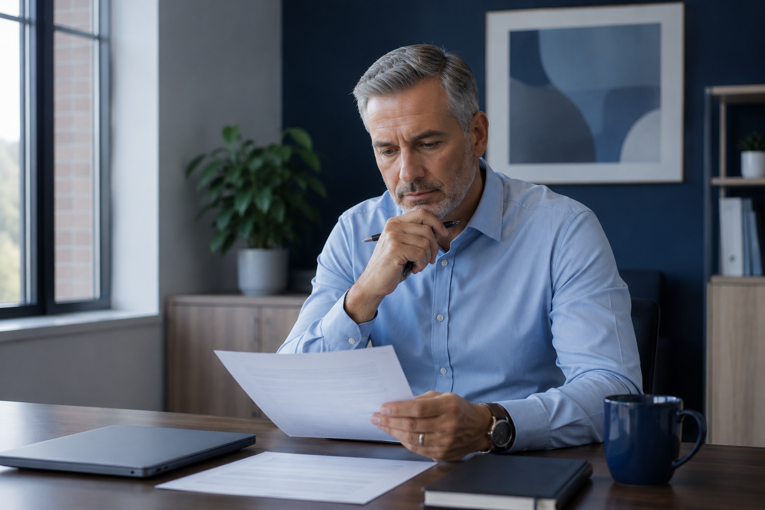Executive reviewing a cybersecurity and HIPAA compliance assessment report