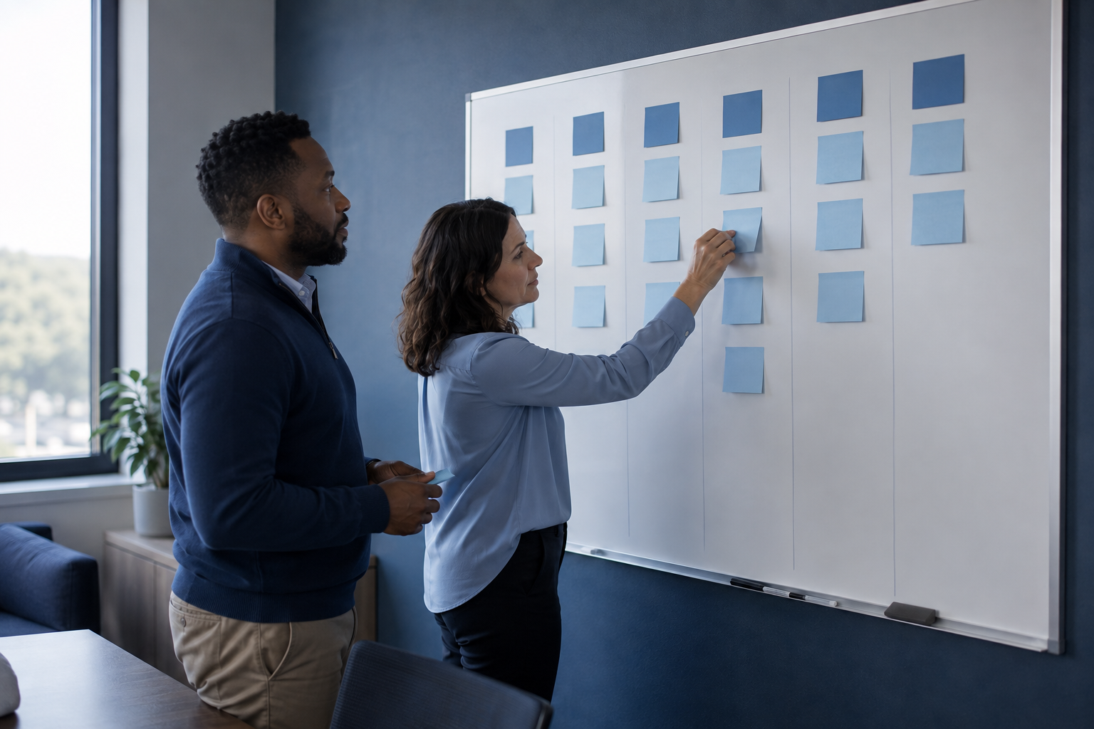 Two leaders sequencing technology roadmap priorities on a whiteboard